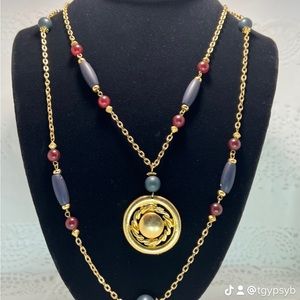 Double Boho Chain Necklace with Golden Disc Pendant